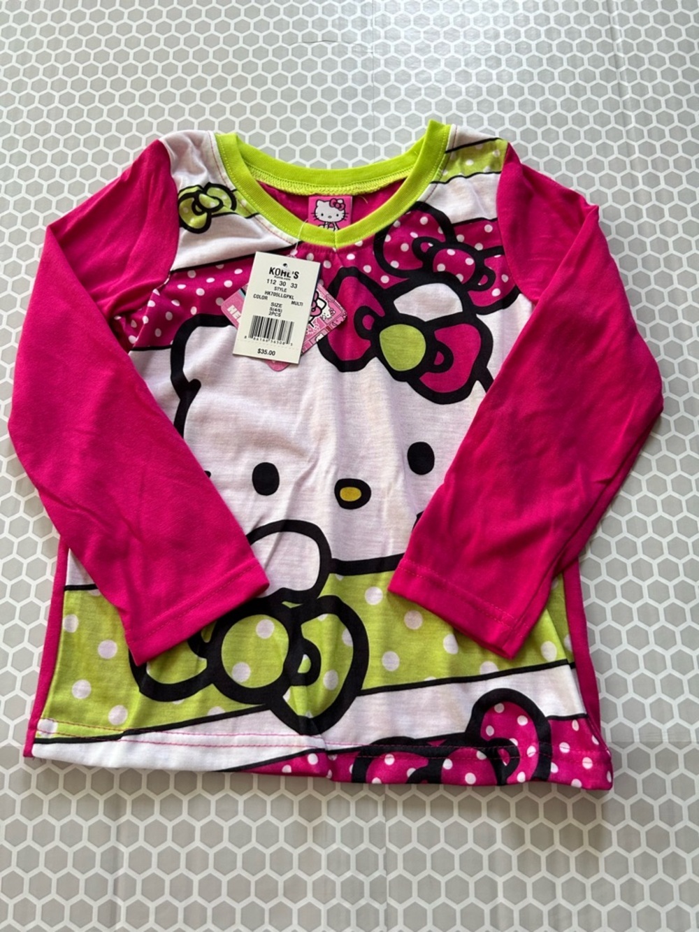 NWT Hello Kitty Hot Pink & Lime Polka Dot Kids Pajama Set. Size S(4-6) - Picture 2 of 8